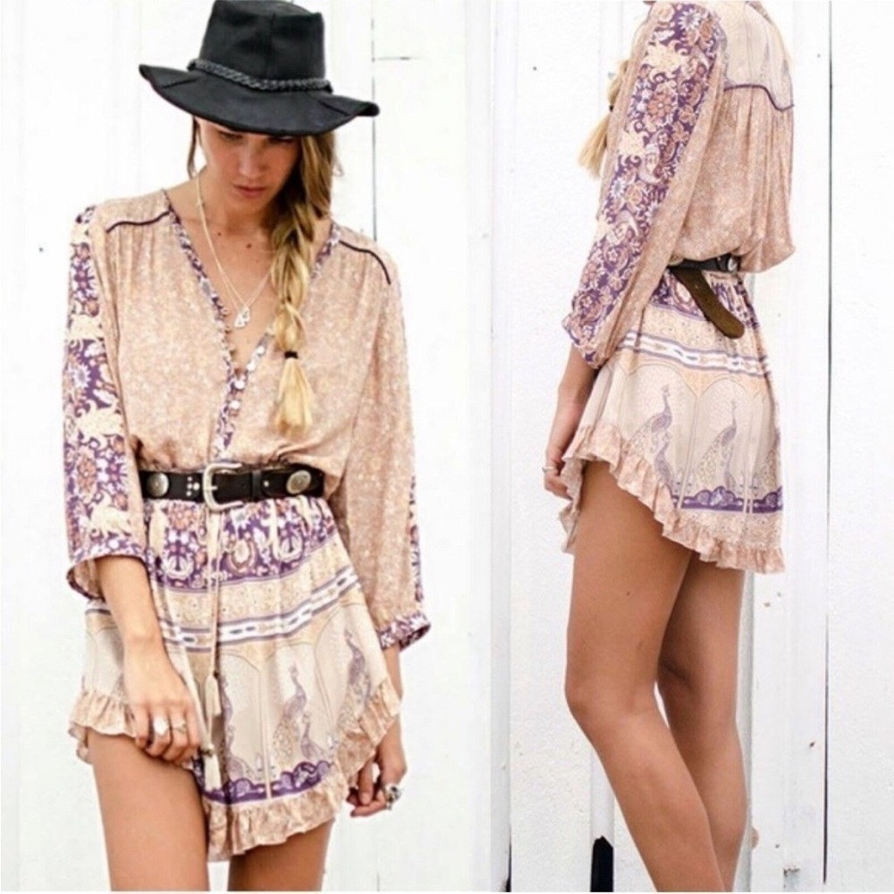 Spell Xanadu Mini Play Dress Gold Dust XS Peacocks Boho Ruffle GUC